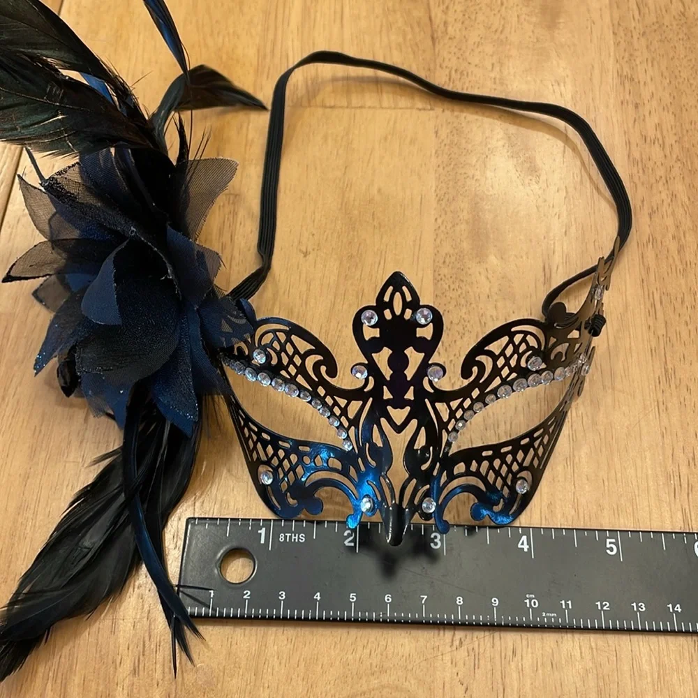 Black Mask With Faux Diamonds Feathers - Masquerade Ball / Party Metal Unique